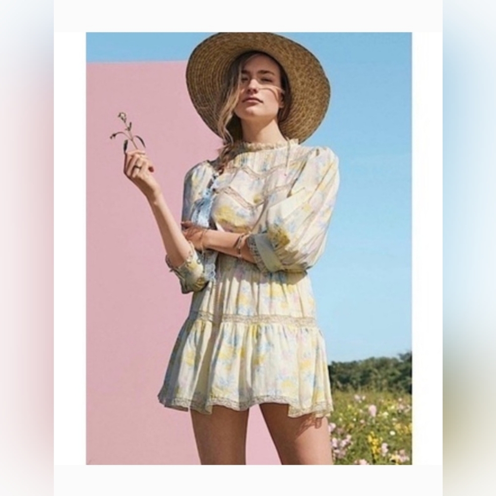 LoveShackFancy Pastel Floral Mini Dress in Yellow and Light Blue